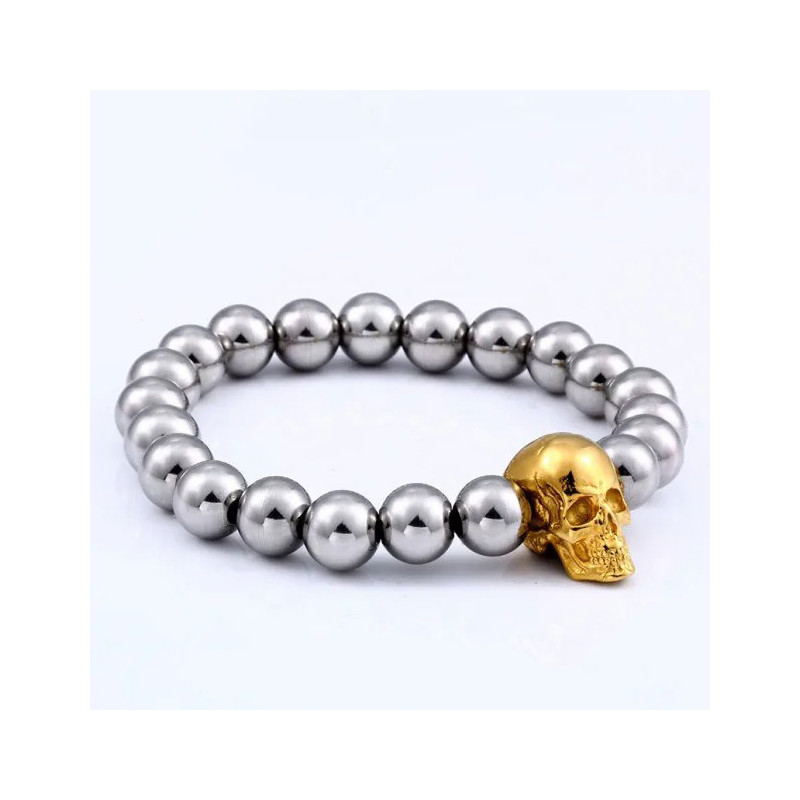 Bracelet Tête de Mort Perles et Crâne en Acier Inoxydablee