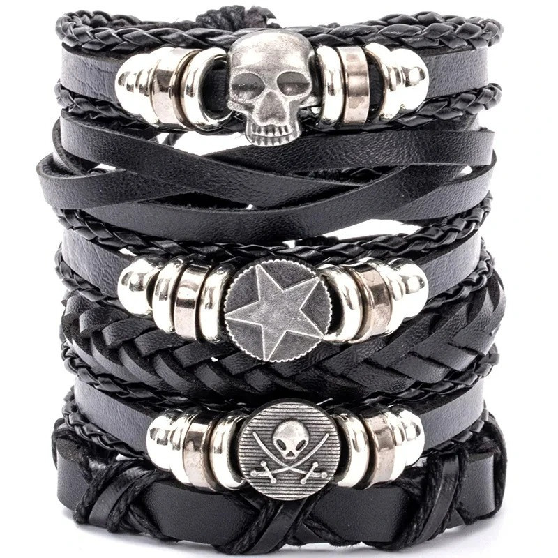 Ensembles de Bracelets en Cuir Tête de Mort Crânes Biker - ensemble de 5 pièces