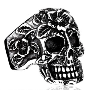 Bague Tête de Mort Crâne Sculpté Fleur