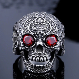 Bague Tête de Mort Crâne Rieur en Acier Inoxydable rouge