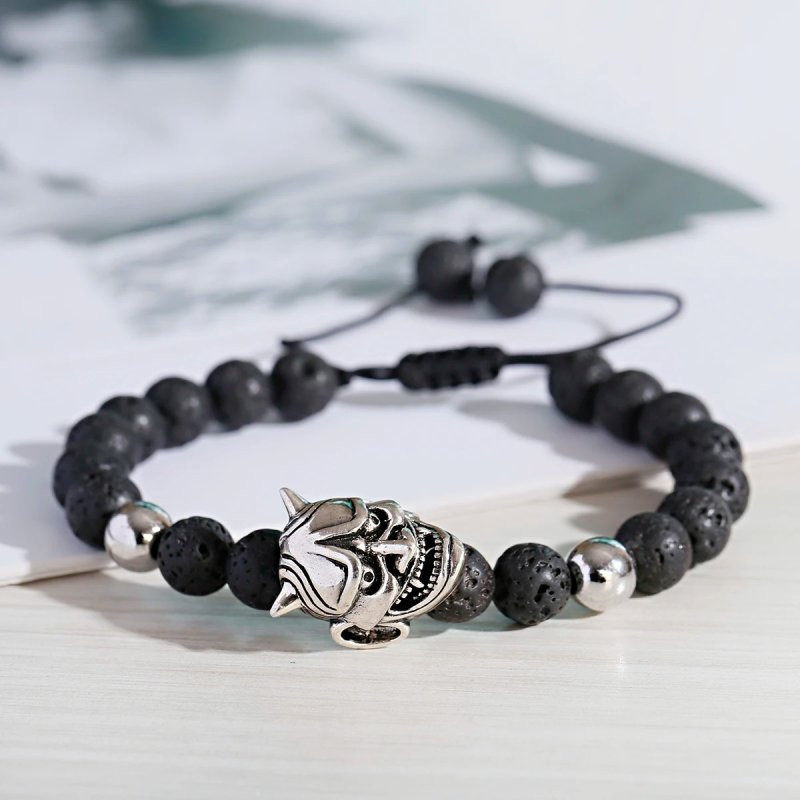 Bracelet Tête de Mort Crâne de Démon avec Perles de pierre de lave classique - modèle argent