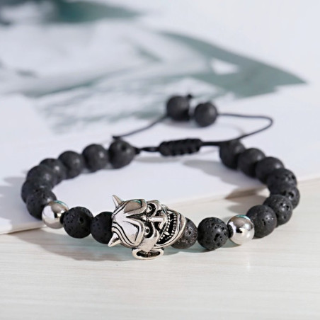 Bracelet Tête de Mort Crâne de Démon avec Perles de pierre de lave classique - modèle argent