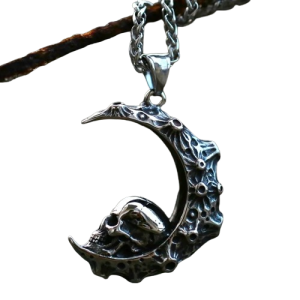 Collier Pendentif Gothique Tête de Mort Crâne et Lune