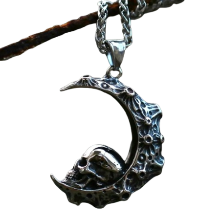 Collier Pendentif Gothique Tête de Mort Crâne et Lune