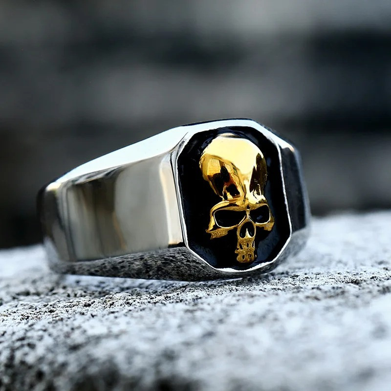 Bague Tête de Mort Anneau Acier Inoxydable avec Crâne -or