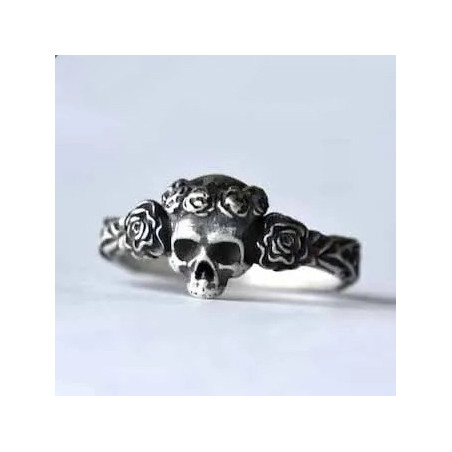 Détails de la Bague Tête de Mort Petit Crâne et Fleurs en Acier Inoxydable