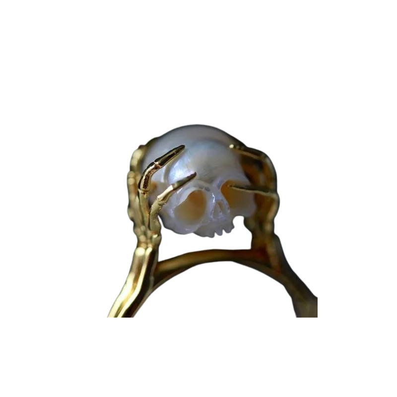 Bague Tête de Mort Perle Blanche Sculptée en forme de Crâne