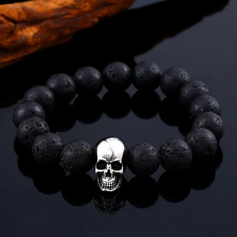 Bracelet Tête de Mort Grand Crâne Acier Inoxydable Pierres de Lave Noir - 3 tailles au choix