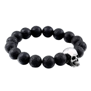 Bracelet Tête de Mort Grand Crâne Acier Inoxydable Pierres de Lave Noir - 3 tailles au choix !