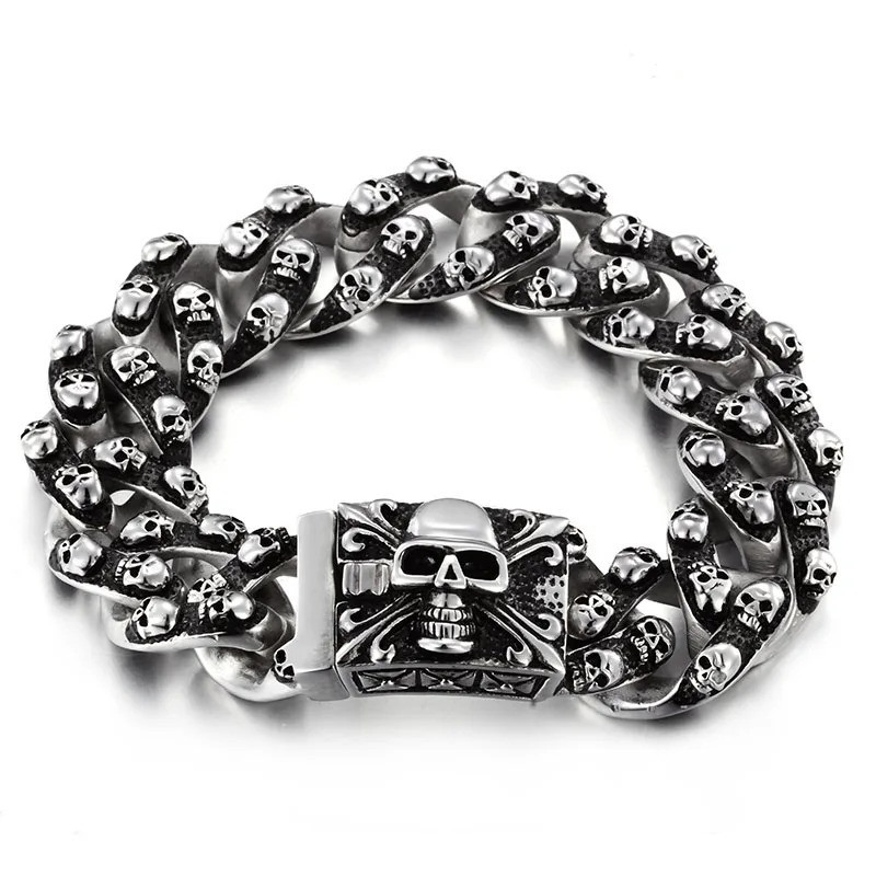 Bracelet Tête de Mort Biker Multiples Crânes Fleurs de Lys Master Skull