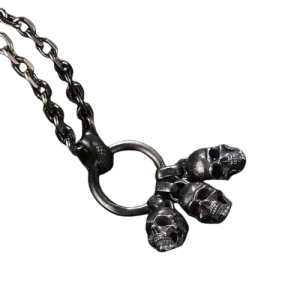 Collier Pendentif Tête de Mort Anneau de Trio de Crânes