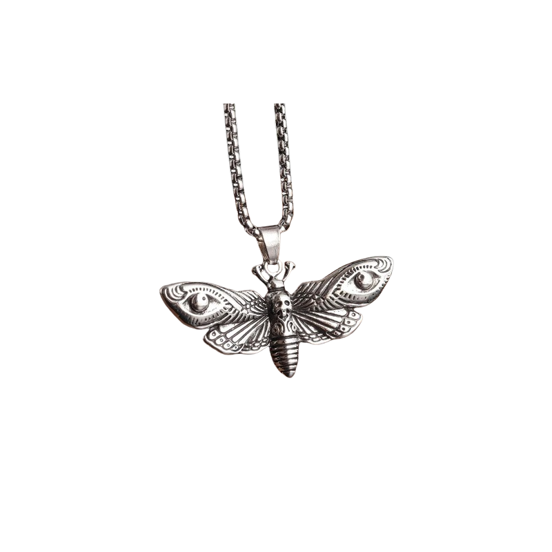 Collier Pendentif Tête de Mort Crâne Papillon de Nuit