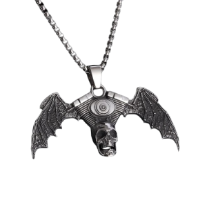 Collier Pendentif Tête de Mort Crâne Moteur Moto Ailé