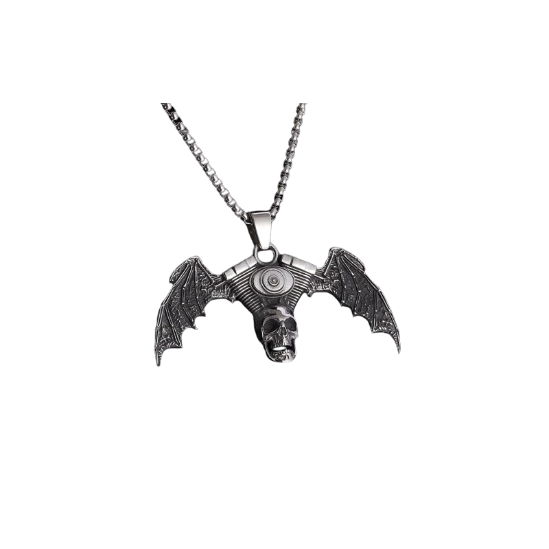 Collier Pendentif Tête de Mort Crâne Moteur Moto Ailé