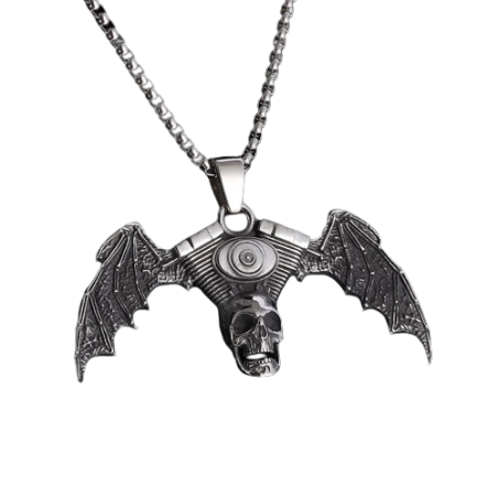 Collier Pendentif Tête de Mort Crâne Moteur Moto Ailé