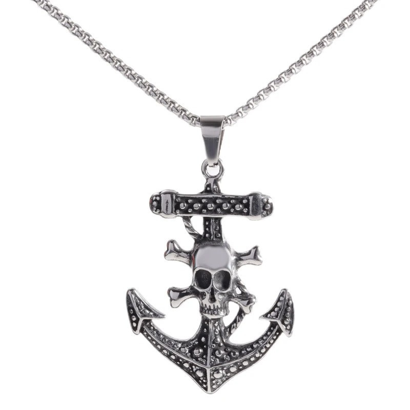 Collier Pendentif Tête de Mort Crâne Pirates et Ancre Marine