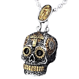 Collier Pendentif Tête de Mort Crâne Méxicain et Vierge Marie