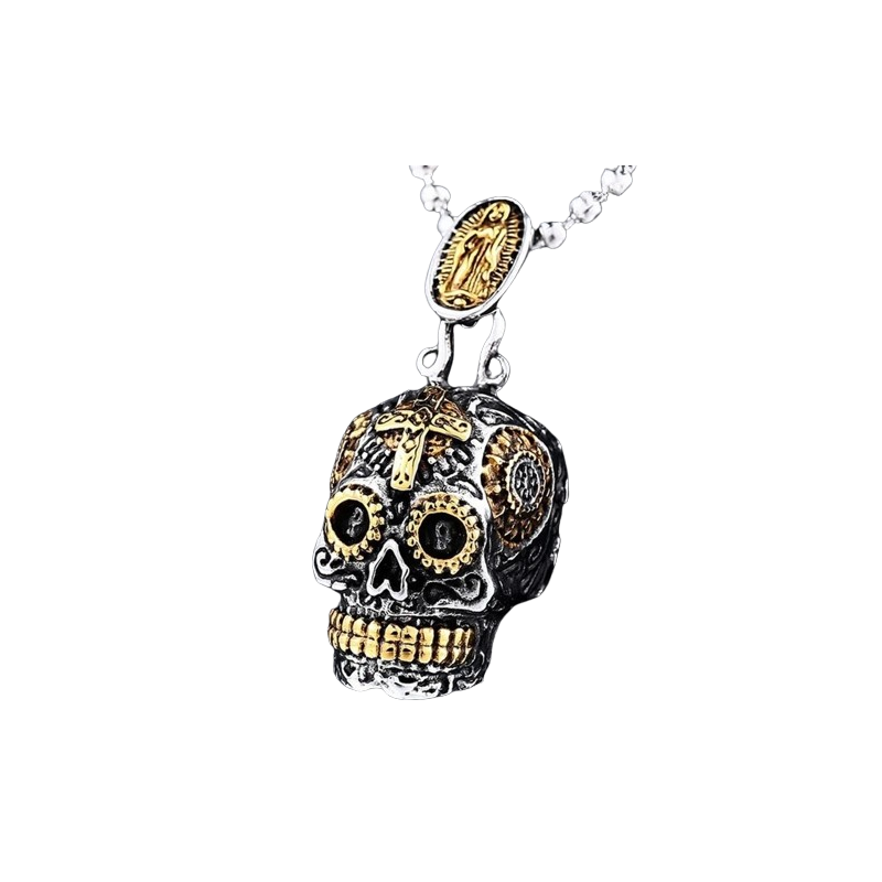 Collier Pendentif Tête de Mort Crâne Méxicain et Vierge Marie