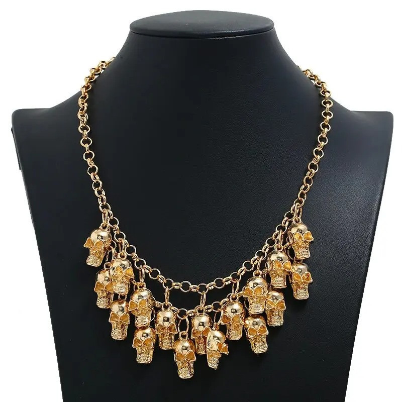 Grand Collier Pendentif Tête de Mort Multiples Crânes - Or
