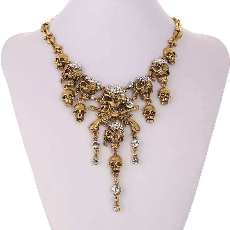 Collier Ras de Cou Tête de Mort et Pistolets couleur Bronze