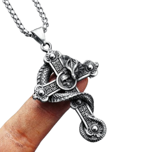 Collier Pendentif Tête de Mort Crâne Croix et Dragon