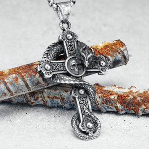 Grand Collier Pendentif Tête de Mort Crâne Croix et Dragon