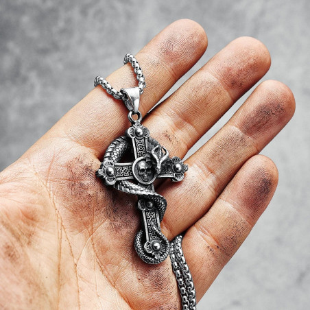Magnifique Collier Pendentif Tête de Mort Crâne Croix et Dragon