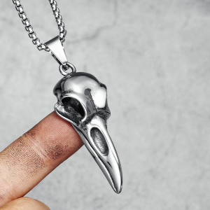 Collier Pendentif Crâne Corbeau Acier Inoxydable Vintage Argent