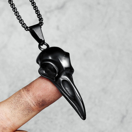 Collier Pendentif Crâne Corbeau Acier Inoxydable Vintage Noir