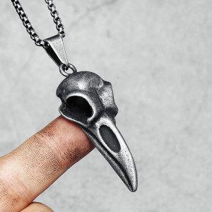 Collier Pendentif Crâne Corbeau Acier Inoxydable Vintage Gris