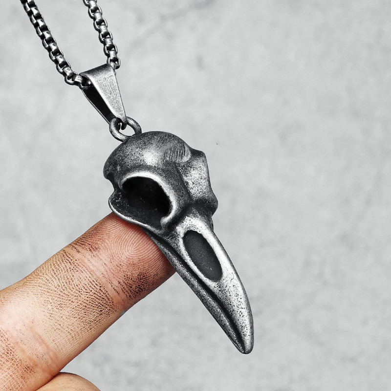 Collier Pendentif Crâne Corbeau Acier Inoxydable Vintage Gris