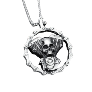 Collier Pendentif Biker Crâne Moteur et Chaîne Moto en Acier Inoxydable