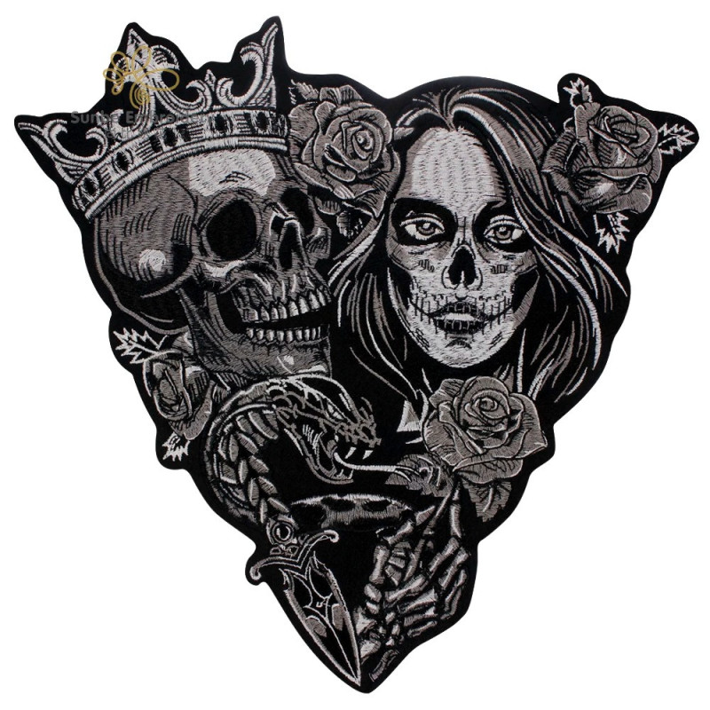 Grand Patch Brodé Crâne Couronné et Santa Muerte - 31.5cm x 32cm