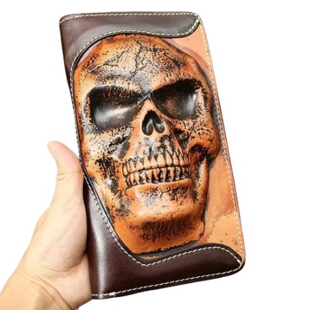 Portefeuille Tête de Mort Grand Crâne Sculpté à la Main en cuir Marron Véritable - Artisanal