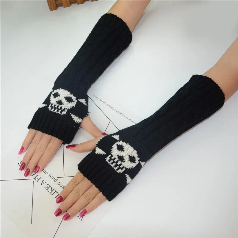 Gants Longs Skull Mitaines Gothique Sans doigts Skull Pirates pour femme couleur noir