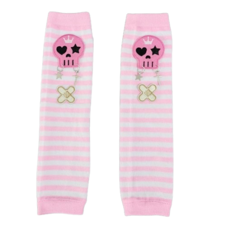 Gants Longs Skull Mitaines Gothique Sans doigts pour femme à Rayures roses et blanches