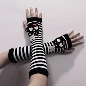 Gants Longs Skull Mitaines Gothique Sans doigts pour femme à Rayures noir et Blanc