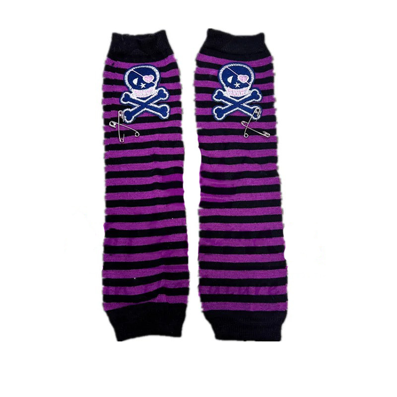 Gants Longs Skull Pirates Mitaines Gothique Sans doigts pour femme à Rayures noir et Violet