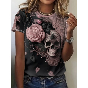 T-shirt Tête de Mort Gothique effet 3D "Spider and Skull" Rose et Noir