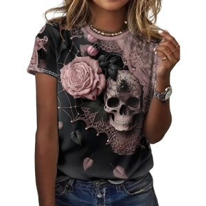 T-shirt Tête de Mort Gothique effet 3D "Spider and Skull" Rose et Noir