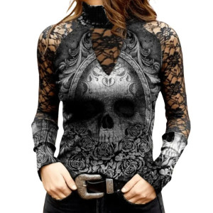 T-shirt Tête de Mort à Manches Longues Grand Crâne et Fleurs noir