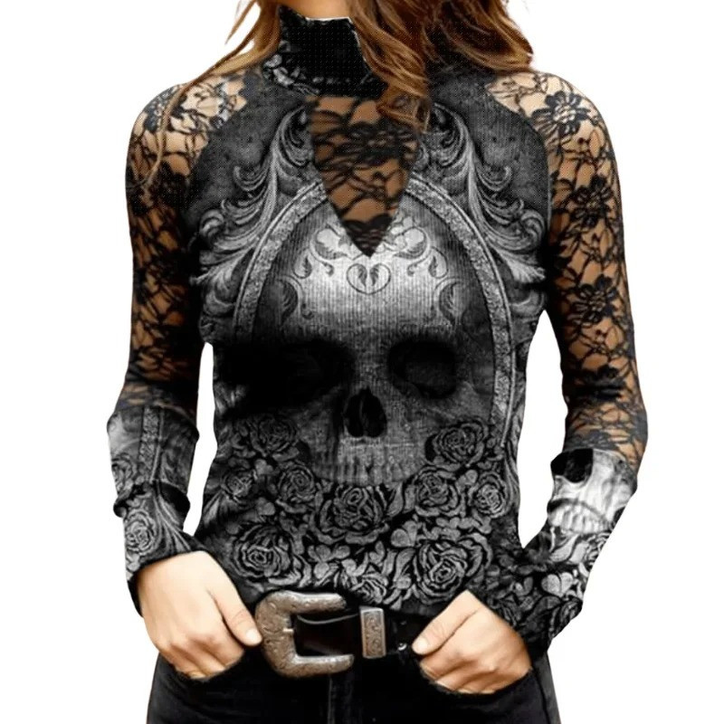 T-shirt Tête de Mort à Manches Longues Grand Crâne et Fleurs noir