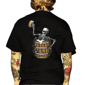 T-shirt Tête de Mort Squelette dans un Tonneau de Bière