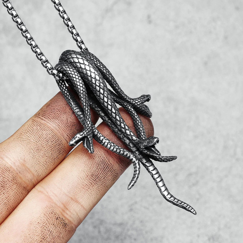 Collier Pendentif Nid de Serpents Mamba en Acier Inoxydable Argent