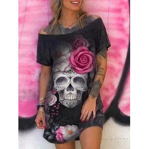 Magnifique Petite Robe Punk Rock Metal avec Motifs Crâne Rose et Fleurs