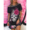 Magnifique Petite Robe Punk Rock Metal avec Motifs Crâne Rose et Fleurs