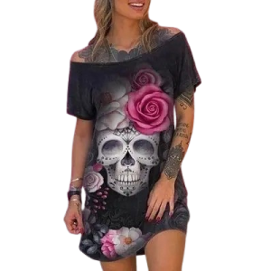 Petite Robe Punk Rock Metal avec Motifs Crâne Rose et Fleurs