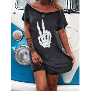 Magnifique Petite Robe Punk Rock Metal à Motif Main de Squelettte "Peace And Love"