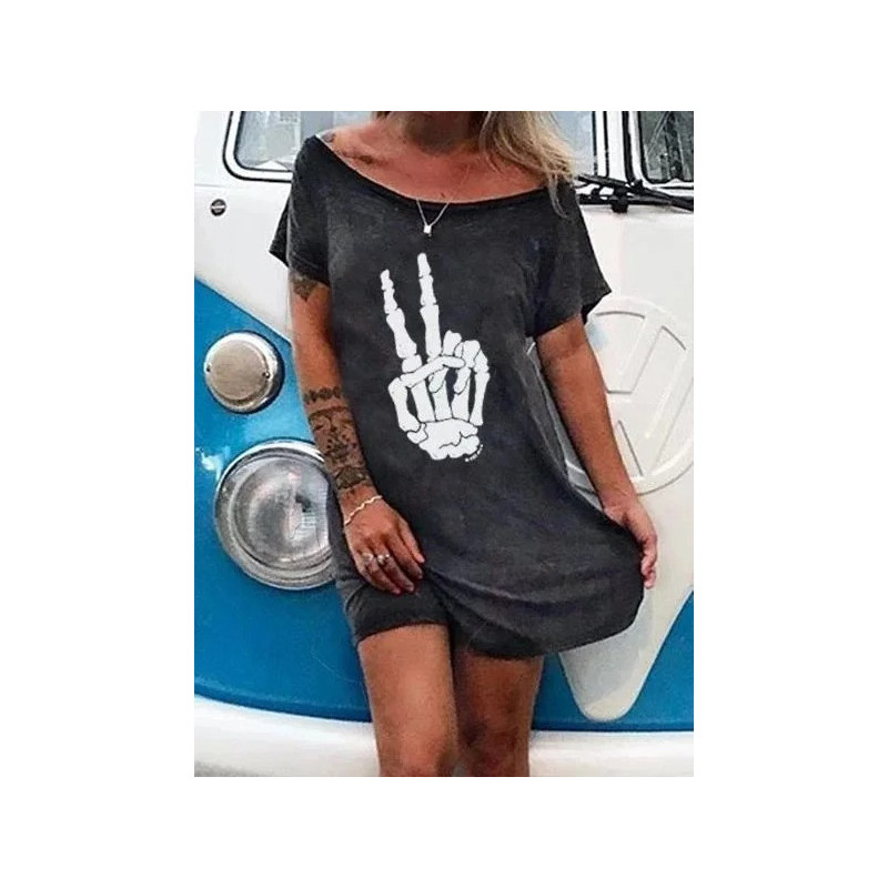 Magnifique Petite Robe Punk Rock Metal à Motif Main de Squelettte "Peace And Love"