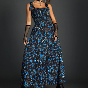 Magnifique Grande Robe Gothique Dark avec Motifs Lunes et Papillons Bleus Mystiques